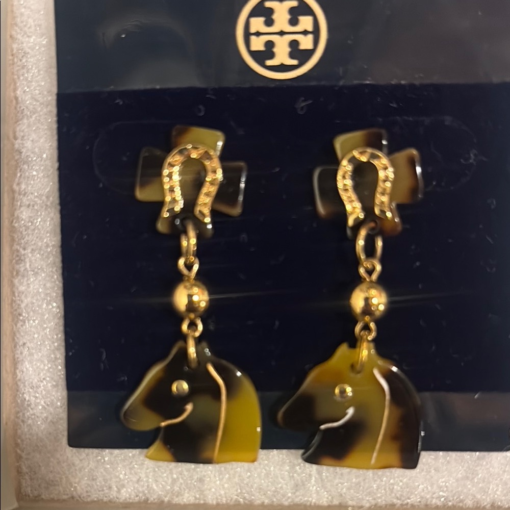 Tory Burch Gold-Tone Earrings with Tortoiseshell Horse Head Drops